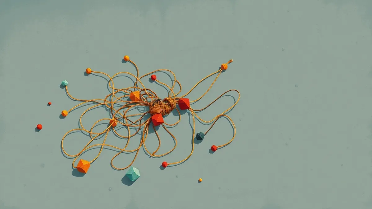 Illustration: A tangled mass of colorful threads connects small geometric shapes on a gray table, representing software dependencies.