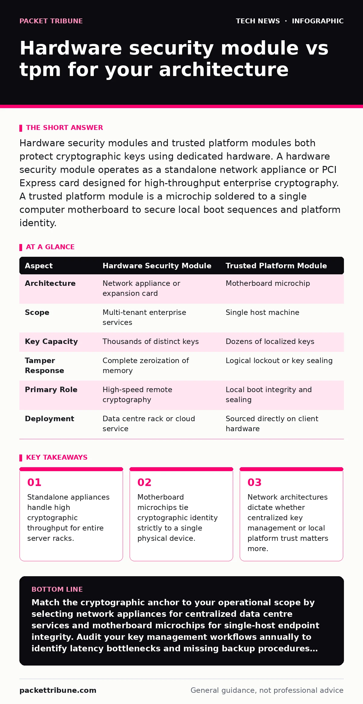 Infographic: Hardware security module vs tpm for your architecture. Standalone appliances handle high cryptographic throughput for entire server racks. Motherboard microchips tie cryptographic identity strictly to a single physical device. Network architectures dictate whether centralized key manage