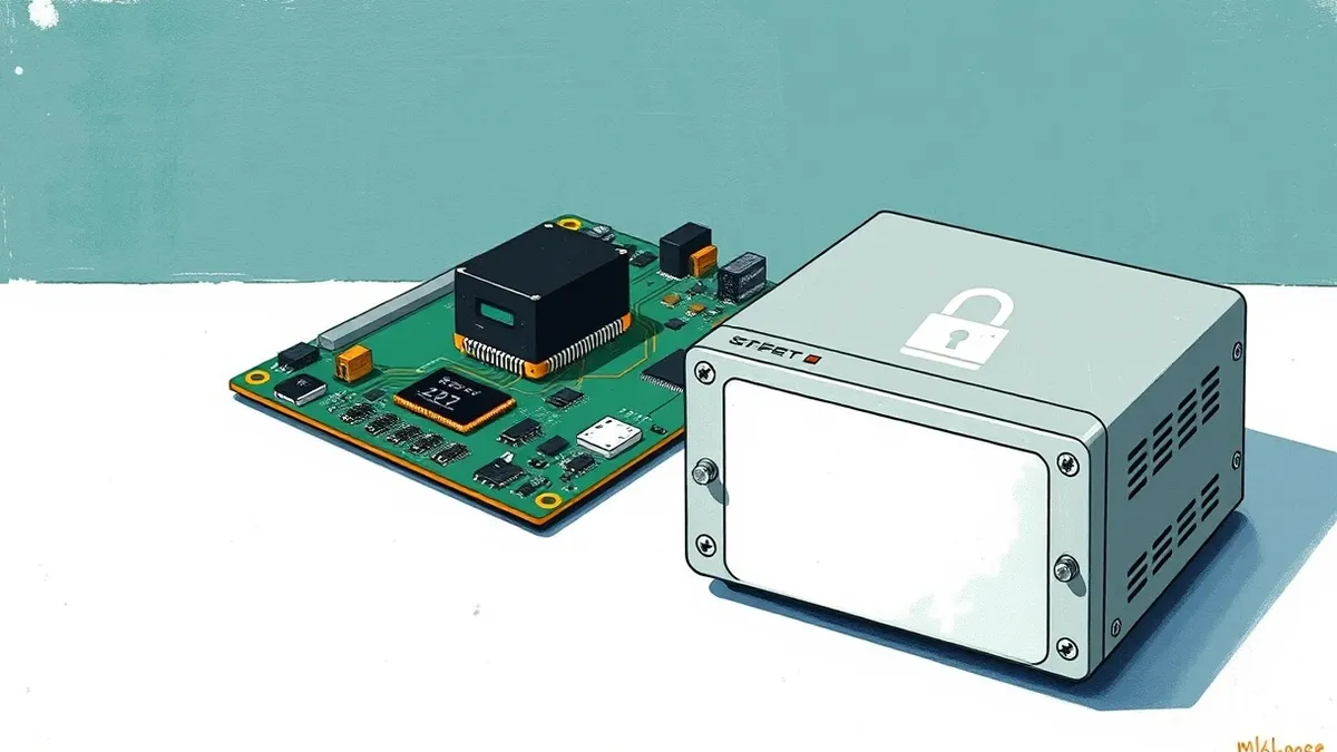 Illustration: A small black rectangular module sits embedded directly on a green computer motherboard, surrounded by chips and circuit traces.