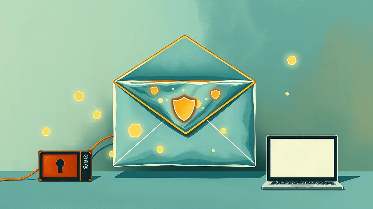 Illustration: A translucent digital envelope seals around a stream of glowing geometric packets.