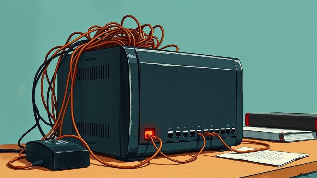 Illustration: A sleek black network gateway sits on a desk with tangled cables spilling from its back ports.