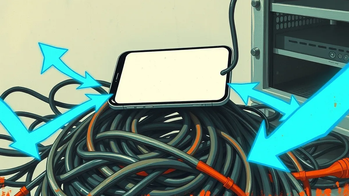 Illustration: A blank smartphone screen floats above a tangled nest of dark cables.