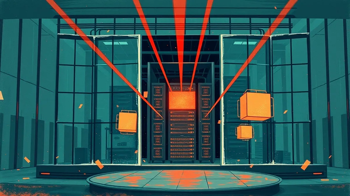 Illustration: A sleek office building facade dissolves into digital static, revealing a glowing database server core inside.
