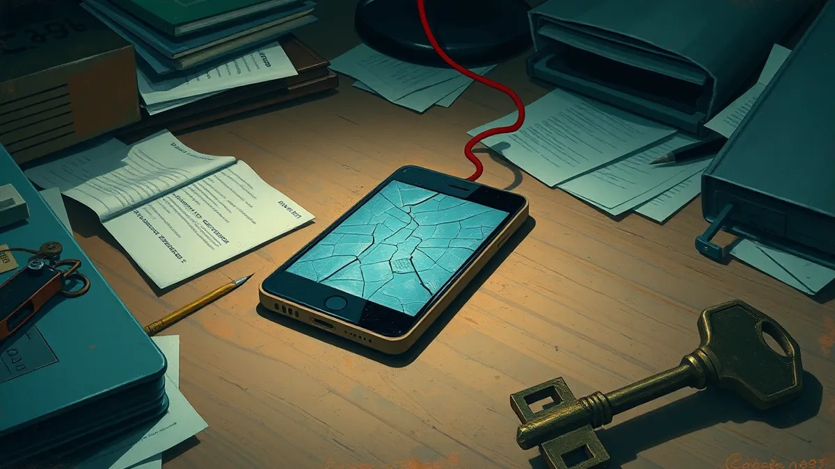Illustration: A cracked smartphone screen rests on a cluttered wooden desk, surrounded by scattered papers and a heavy brass key.