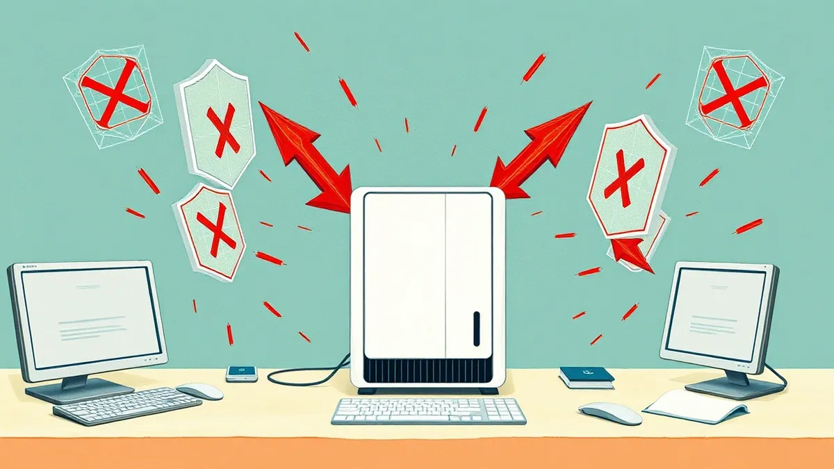 Illustration: A sleek white web server sits on a clean desk, surrounded by floating geometric shields that block jagged red arrows representing malicious input.