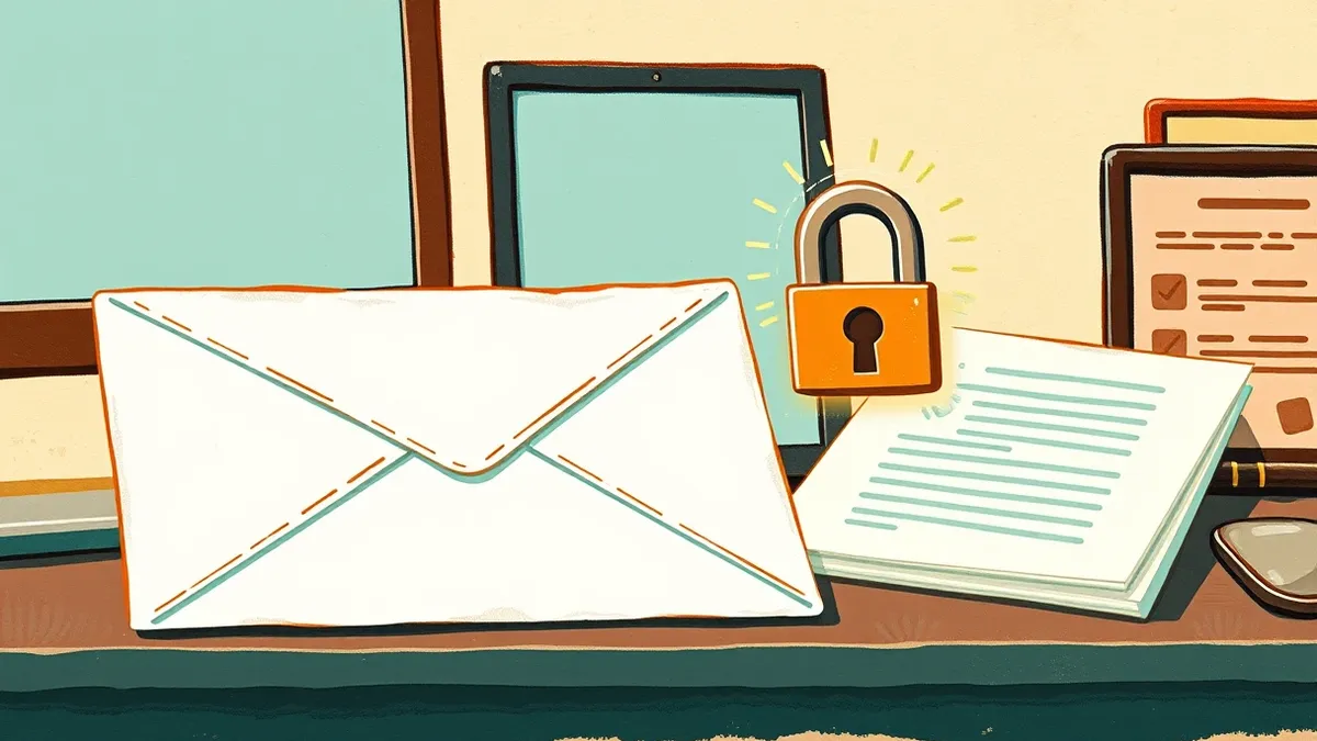 Illustration: A white envelope rests on a desk beside a sleek security badge with a verified checkmark.