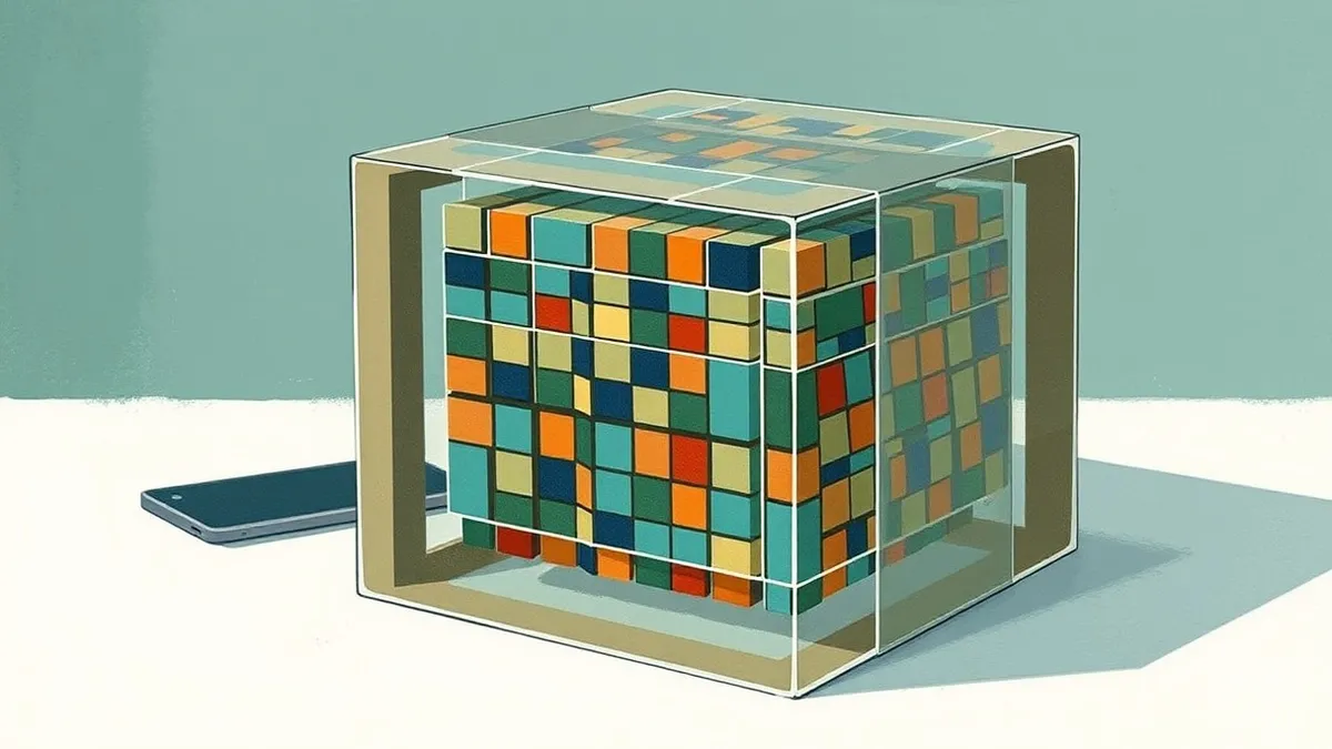 Illustration: A complex geometric puzzle box sits on a clean white table, its interlocking transparent layers revealing a dense, intricate pattern of shifting colored squares insid