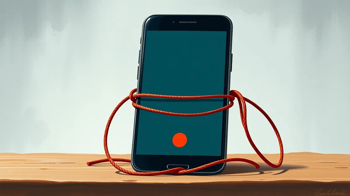 Illustration: A sleek black smartphone rests on a wooden desk, its screen displaying a blank incoming call interface.
