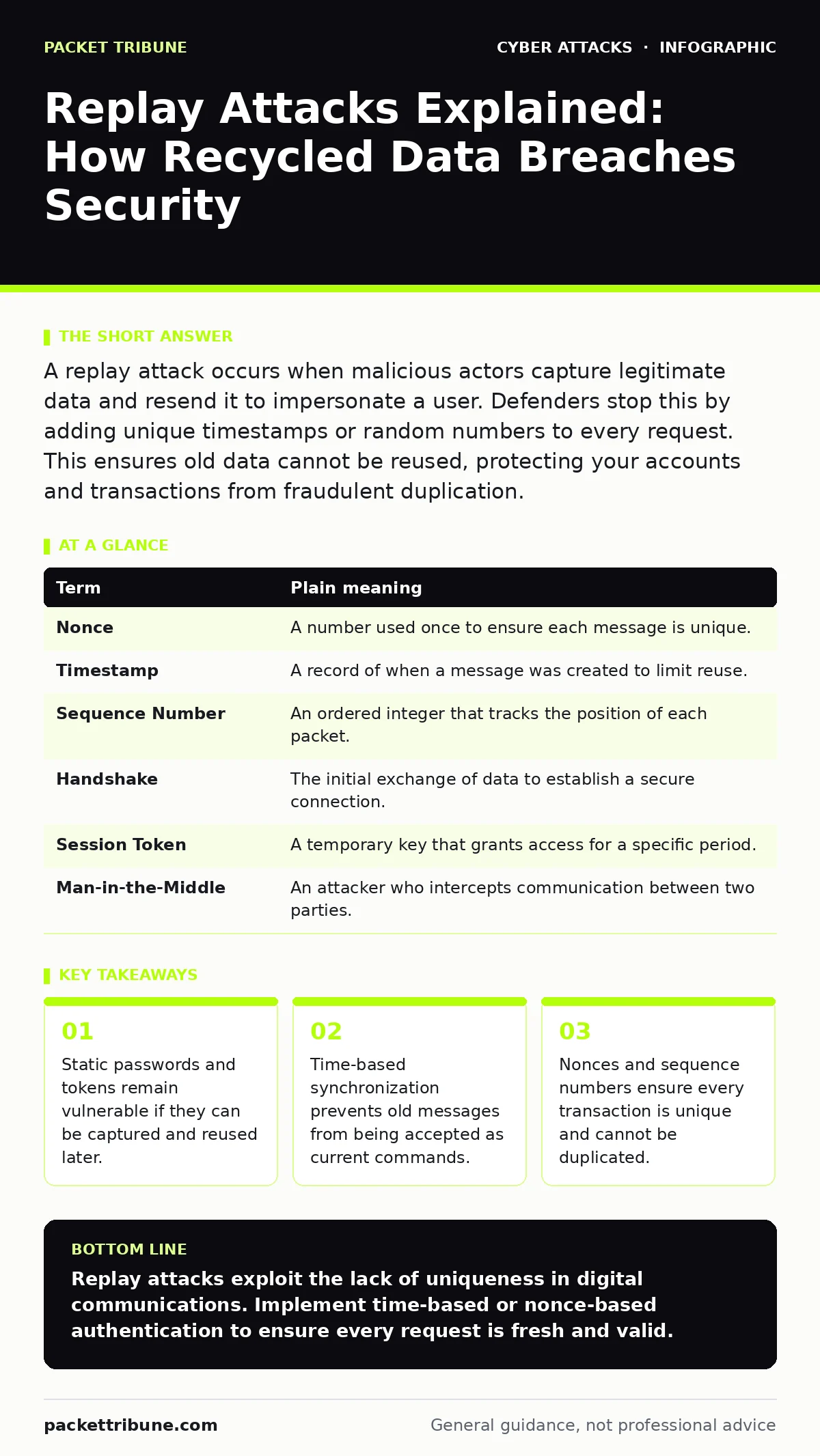Infographic: Replay Attacks Explained: How Recycled Data Breaches Security. Static passwords and tokens remain vulnerable if they can be captured and reused later. Time-based synchronization prevents old messages from being accepted as current commands. Nonces and sequence numbers ensure every trans