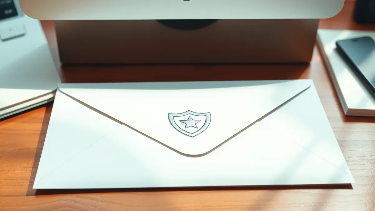 Illustration: A sleek white envelope rests on a polished wooden desk, its surface completely blank except for a subtle geometric pattern of interlocking shield shapes embossed in s