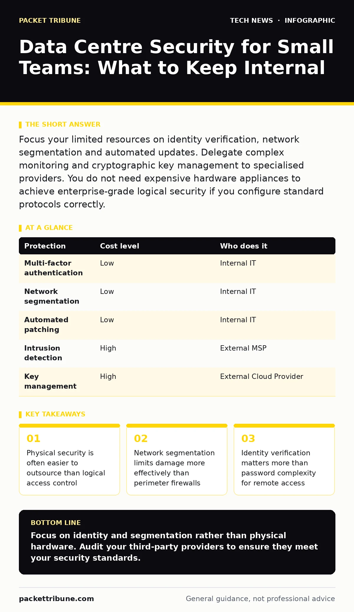Infographic: Data Centre Security for Small Teams: What to Keep Internal. Physical security is often easier to outsource than logical access control Network segmentation limits damage more effectively than perimeter firewalls Identity verification matters more than password complexity for remote acc