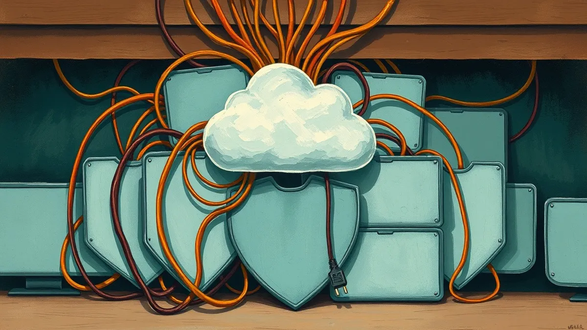 Illustration: A tangled nest of colorful cables connects a single cloud icon to multiple blank shield shapes.