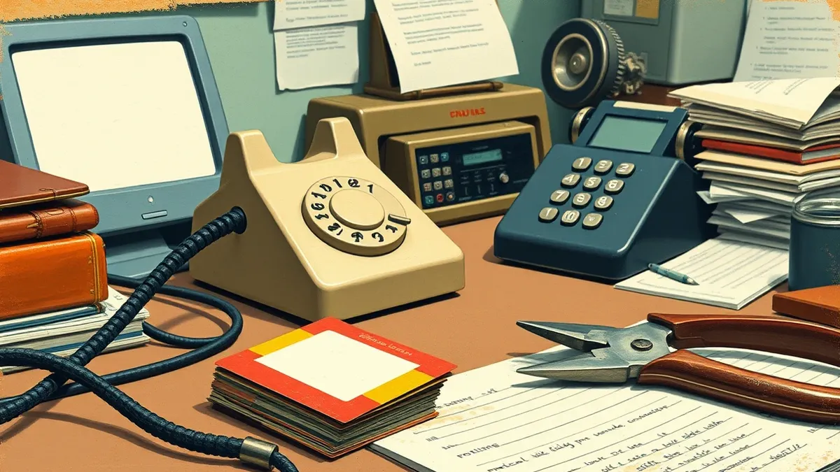 Illustration: A thick black cable is snipped cleanly in half on a cluttered office desk, severing the connection to a vintage telephone handset.