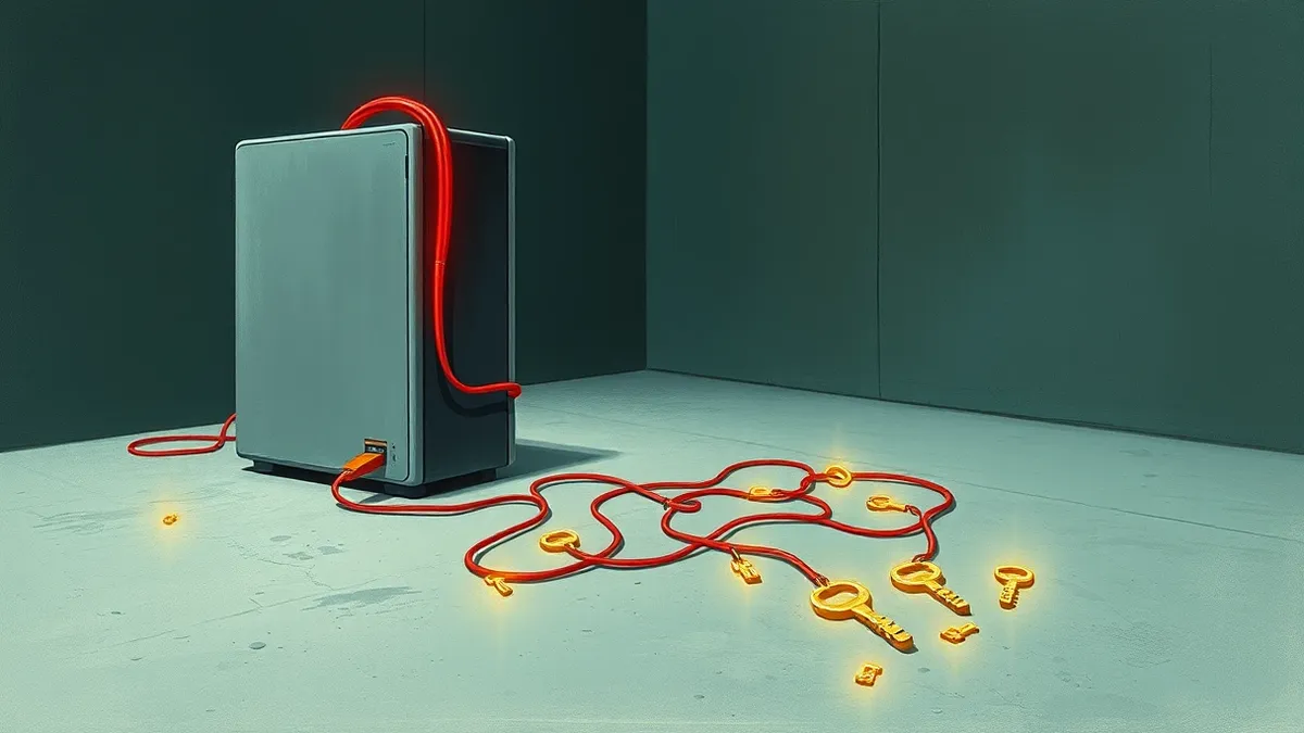 Illustration: A sleek silver server sits in a dim room with a single glowing red cable extending from its back.