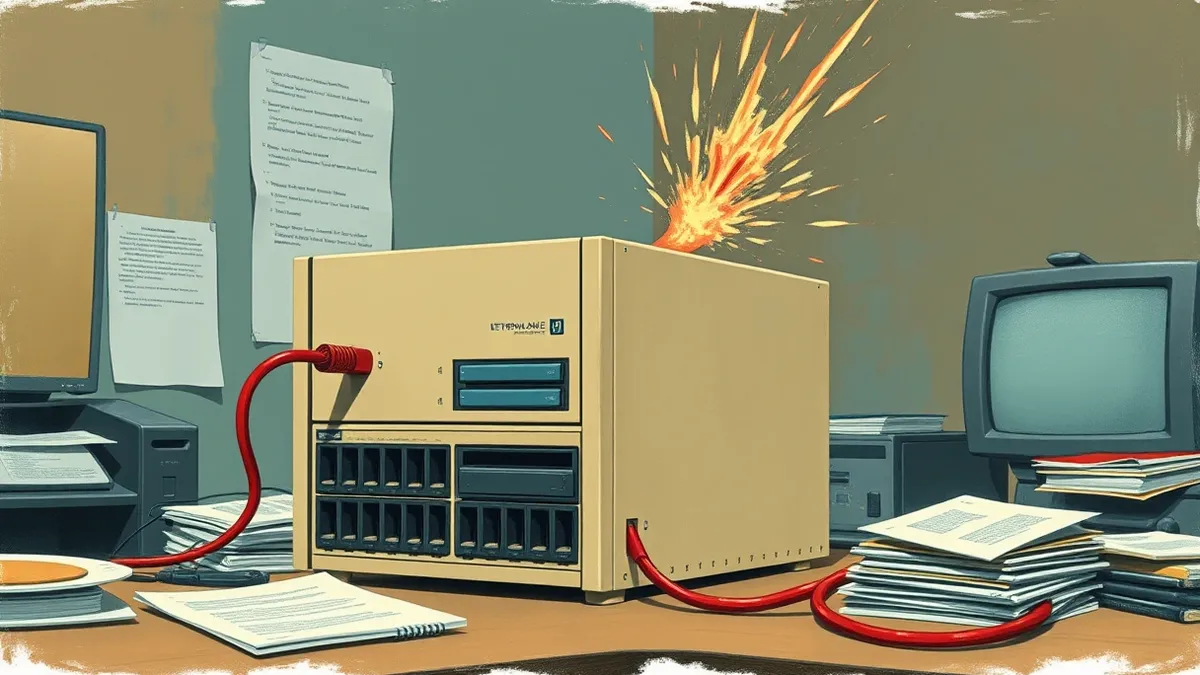 Illustration: A beige network storage device sits on a cluttered office desk with its drive bays open.