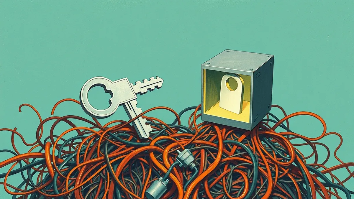 Illustration: Two distinct abstract keys float above a chaotic tangle of tangled digital wires.