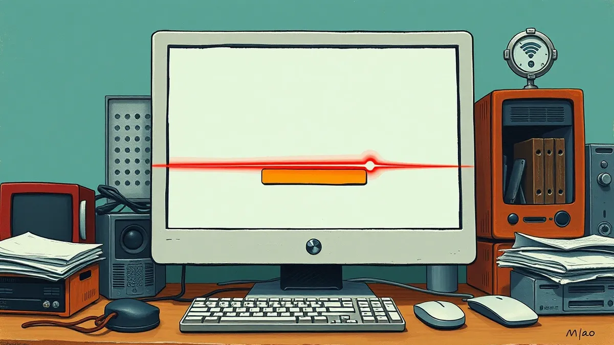 Illustration: A blank computer monitor sits on a cluttered desk, displaying a simple login interface with two empty fields and a single submit button.