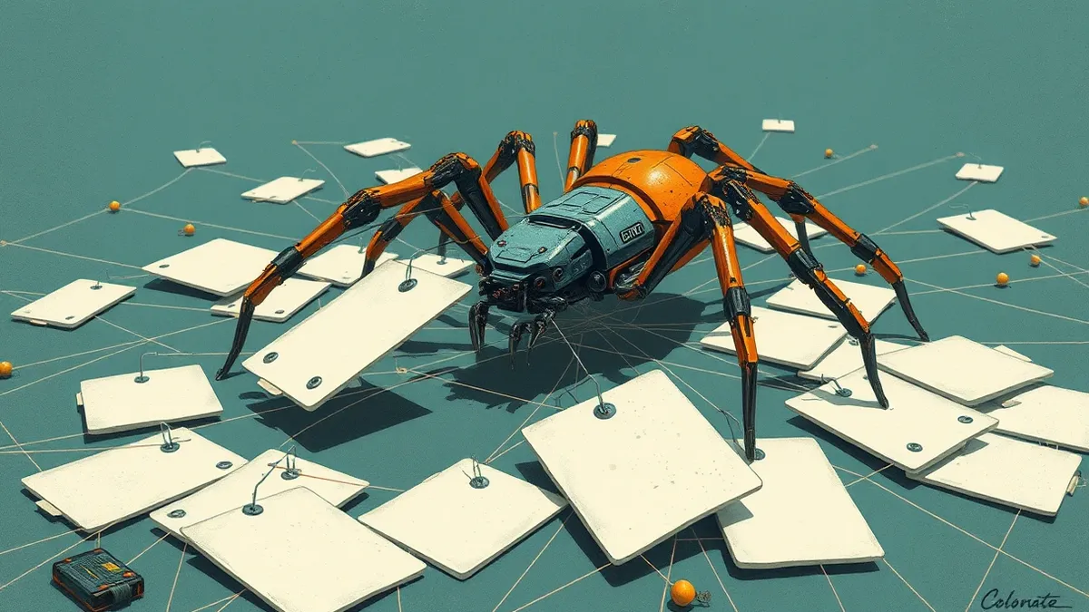 Illustration: A robotic spider crawls over a web of thin threads connecting scattered, blank white cards.