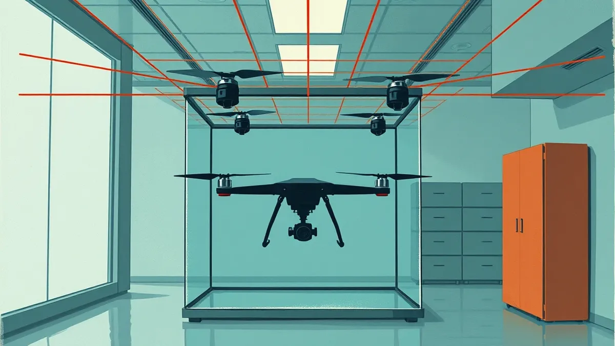 Illustration: A transparent containment chamber sits in a sterile laboratory while a black geometric drone hovers inside, its wings brushing the glass walls.