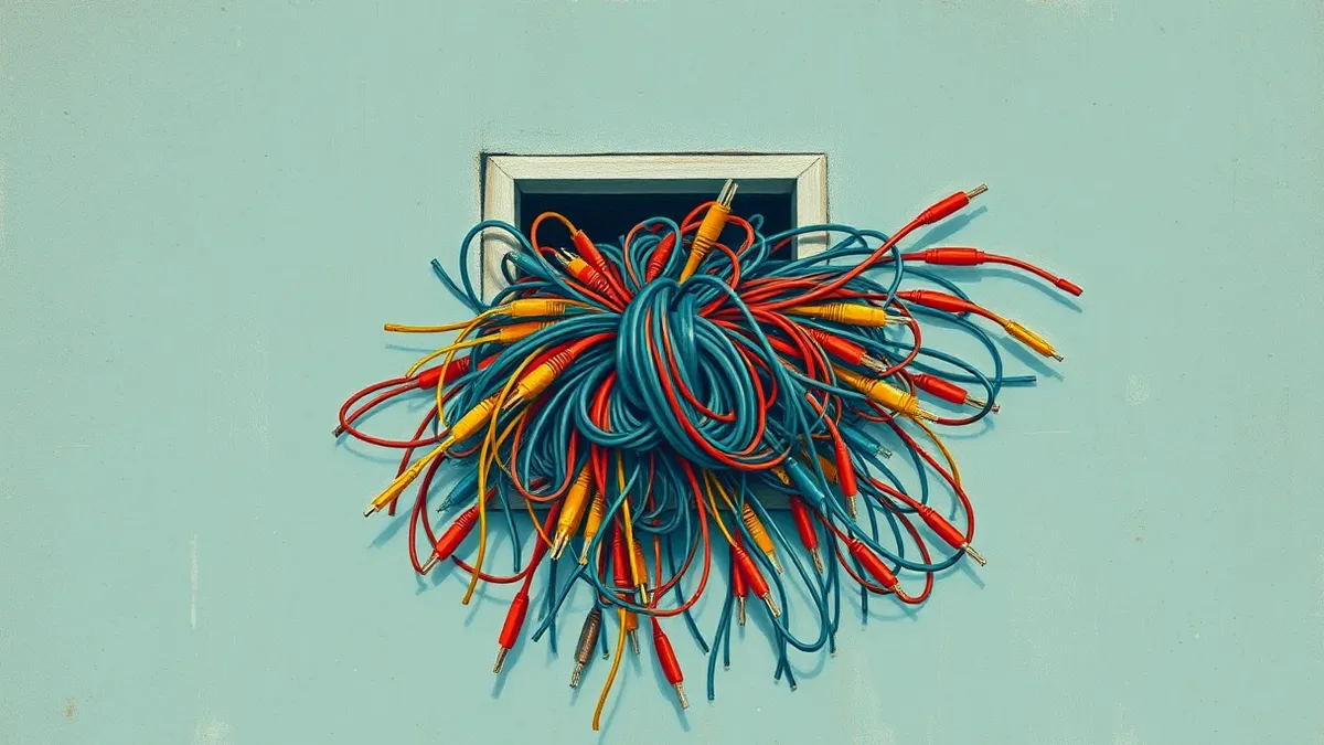 Illustration: A tangled mass of colorful network cables spills from an open wall port, forming a chaotic knot that blocks the connection point.