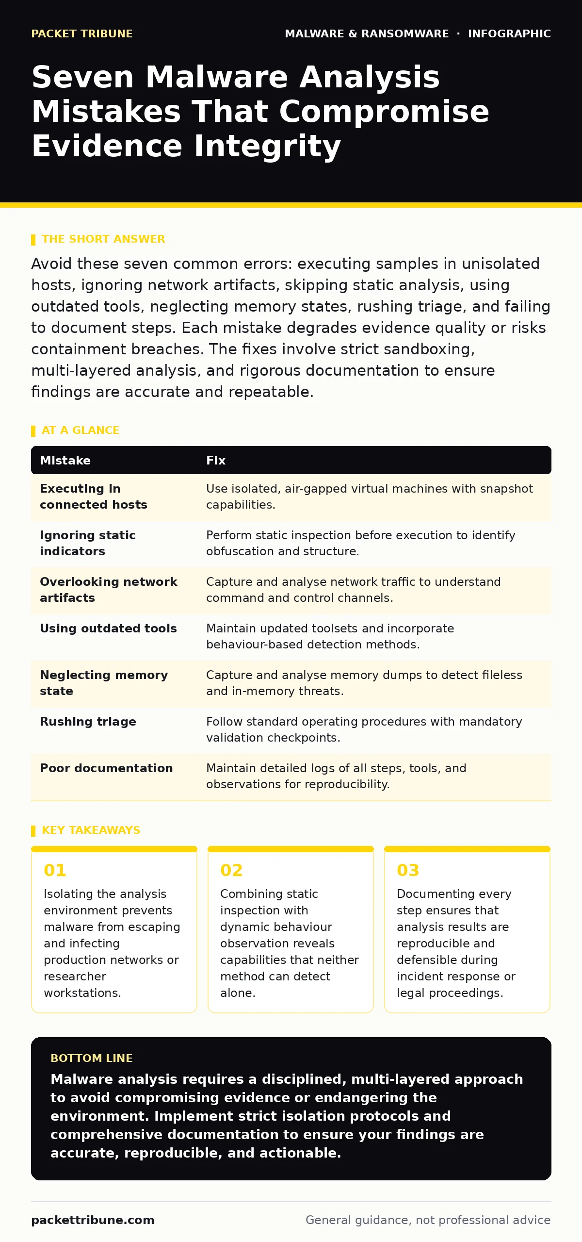 Infographic: Seven Malware Analysis Mistakes That Compromise Evidence Integrity. Isolating the analysis environment prevents malware from escaping and infecting production networks or researcher workstations. Combining static inspection with dynamic behaviour observation reveals capabilities that ne