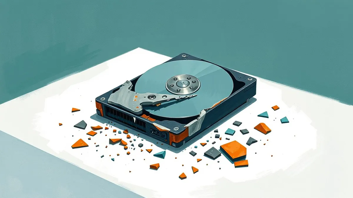 Illustration: A cracked open computer hard drive sits on a sterile white table, its internal platters reflecting cold light.