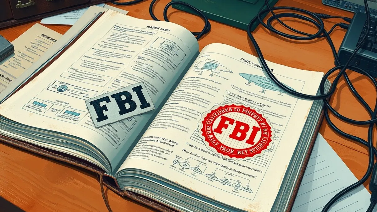 Illustration: A thick, bound manual lies open on a cluttered desk, its pages filled with dense, illegible diagrams and flowcharts.