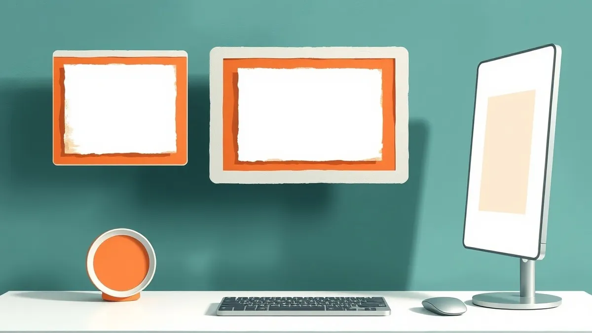 Illustration: Three minimalist software windows float in mid-air, displaying blank canvases, an empty grid, and a single slide.