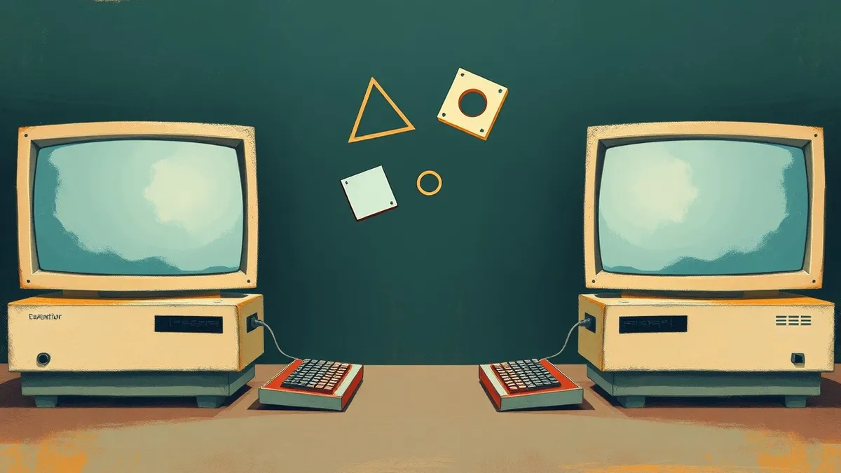 Illustration: A split view shows two blank computer terminals facing each other across a dark gap.