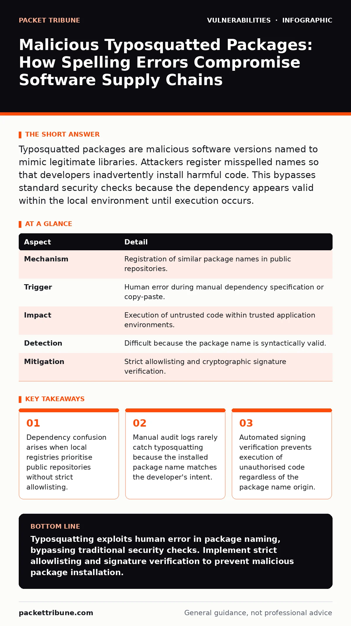 Infographic: Malicious Typosquatted Packages: How Spelling Errors Compromise Software Supply Chains. Dependency confusion arises when local registries prioritise public repositories without strict allowlisting. Manual audit logs rarely catch typosquatting because the installed package name matches t