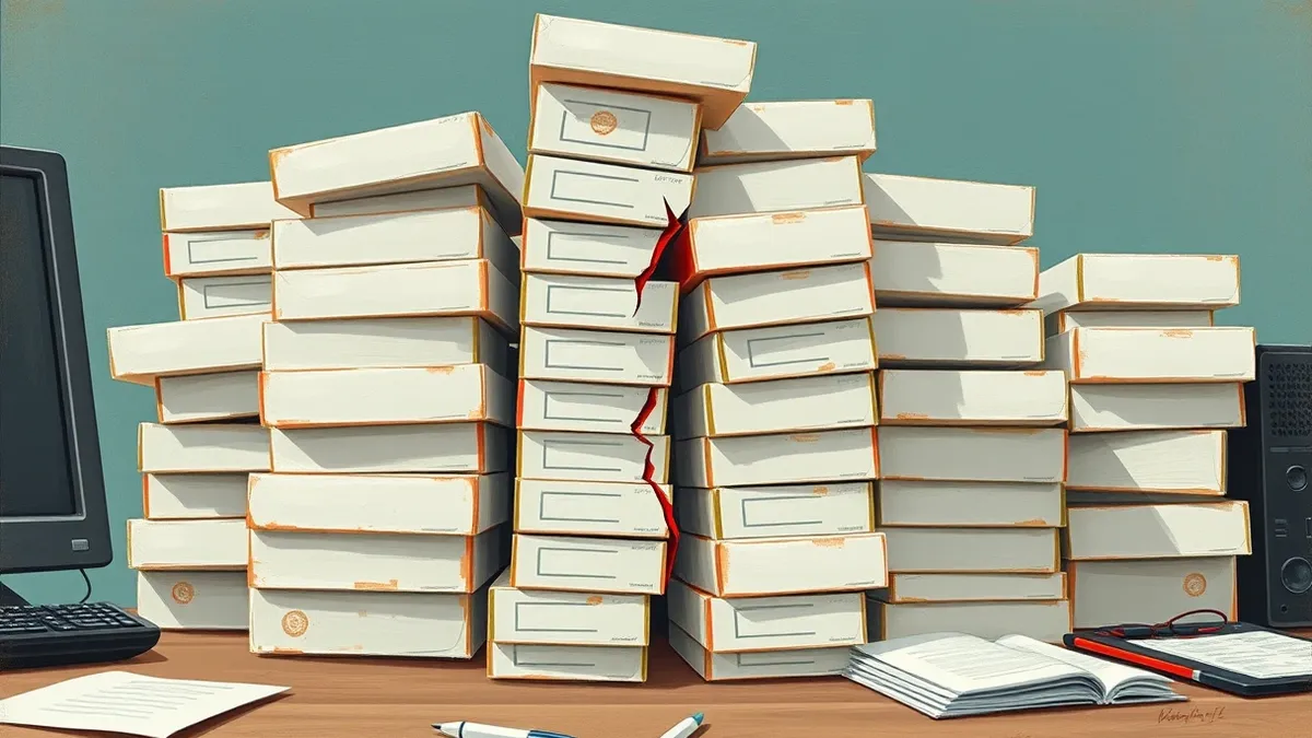 Illustration: A chaotic stack of identical white software boxes sits on a desk.