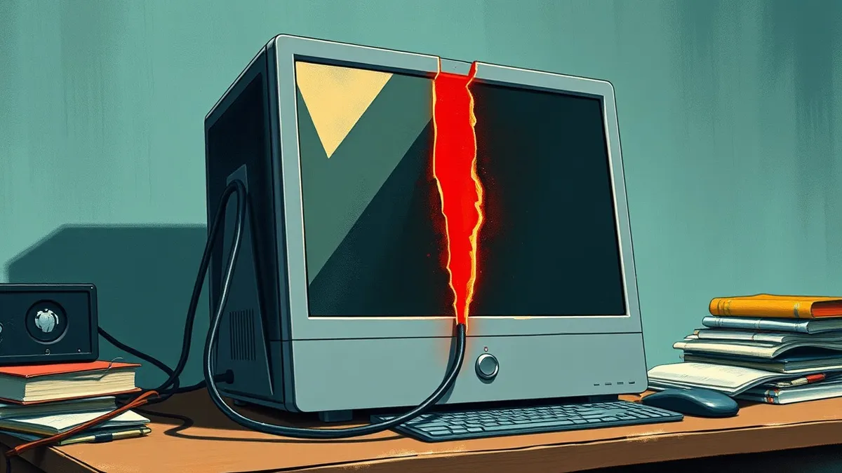 Illustration: A sleek silver desktop computer sits on a cluttered desk, its blank screen reflecting harsh overhead light.