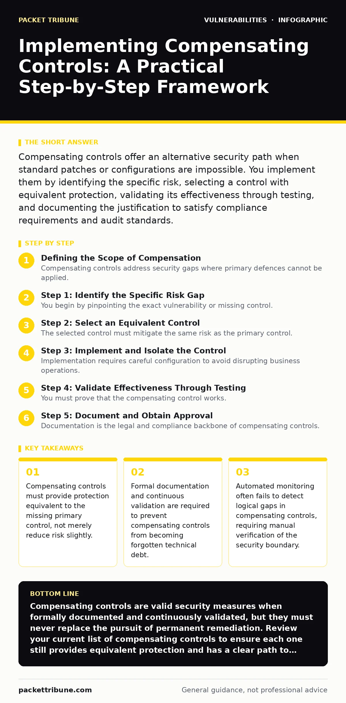 Infographic: Implementing Compensating Controls: A Practical Step-by-Step Framework. Compensating controls must provide protection equivalent to the missing primary control, not merely reduce risk slightly. Formal documentation and continuous validation are required to prevent compensating controls