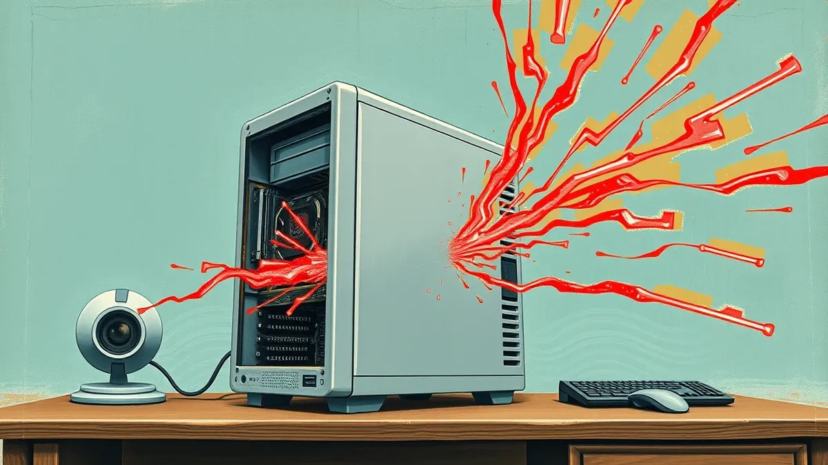 Illustration: A generic silver desktop computer tower sits on a clean wooden desk, its side panel removed to reveal the internal motherboard.