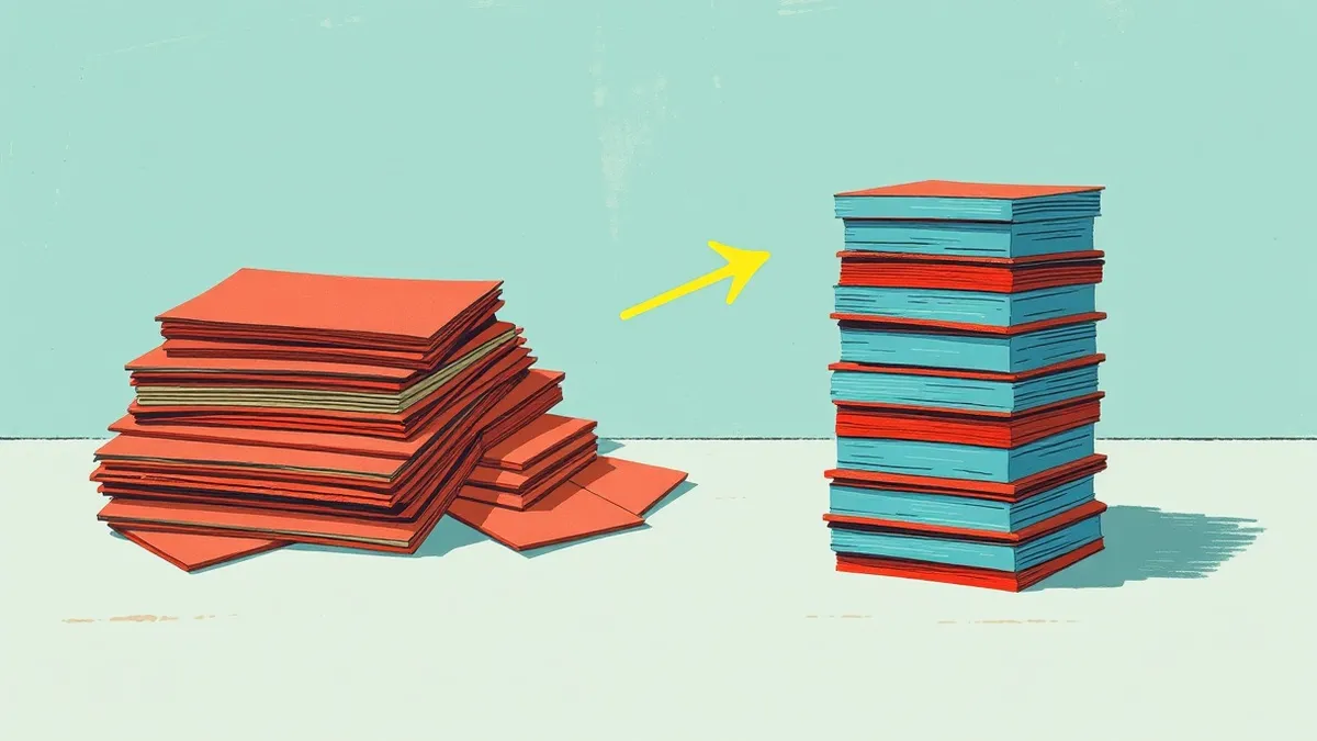 Illustration: A stack of blank red warning cards sits haphazardly next to a single, neatly stacked column of blue priority cards.