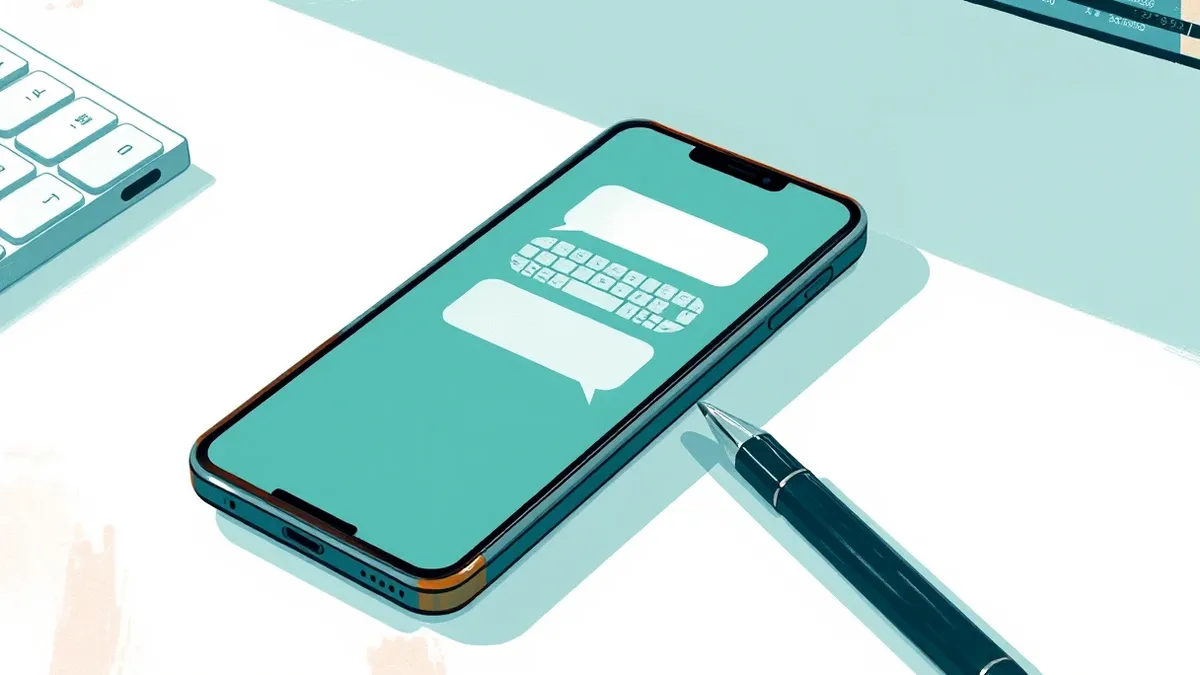 Illustration: A sleek smartphone rests on a clean white desk, its screen displaying a generic chat interface with empty speech bubbles.