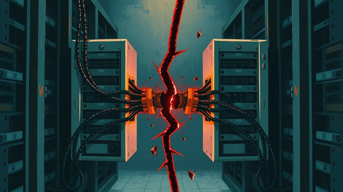 Illustration: Two identical server blades sit side by side in a dimly lit rack, connected by thick black cables that tangle and snap in the middle.