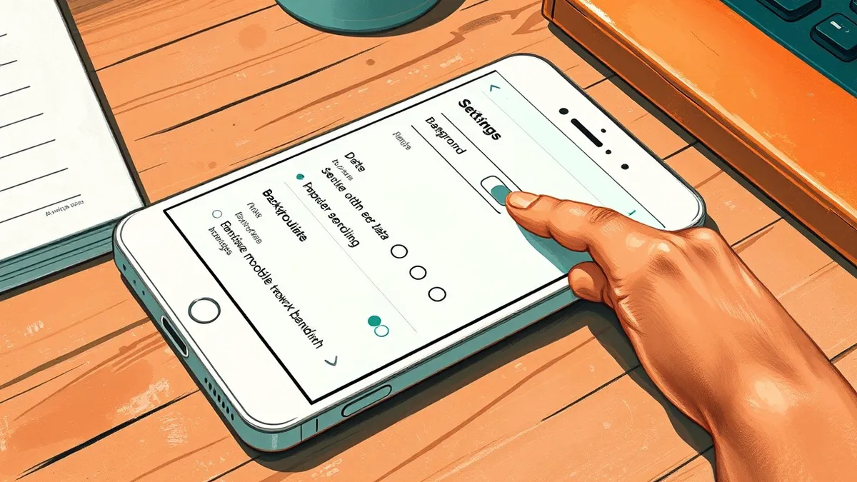Illustration: A white smartphone rests on a wooden desk with its screen displaying a settings menu filled with simple gray toggle switches and progress bars.