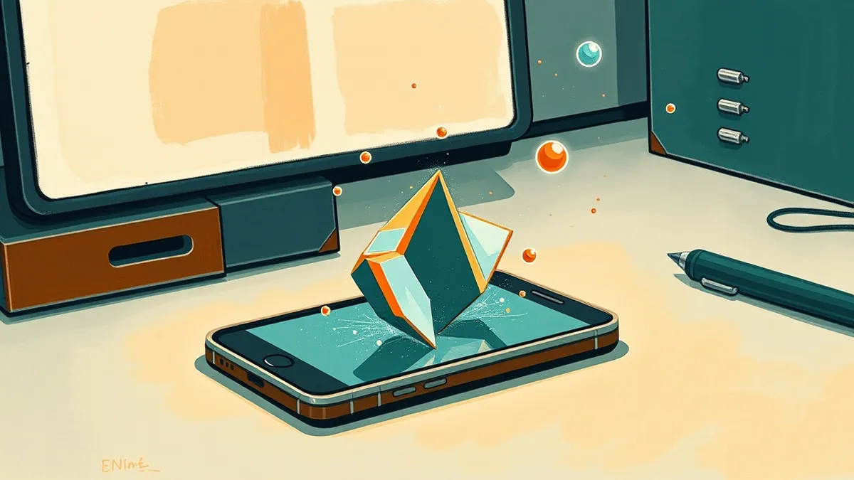 Illustration: A sleek smartphone rests on a clean desk, its screen displaying abstract geometric shapes that breach the device's protective outer casing.