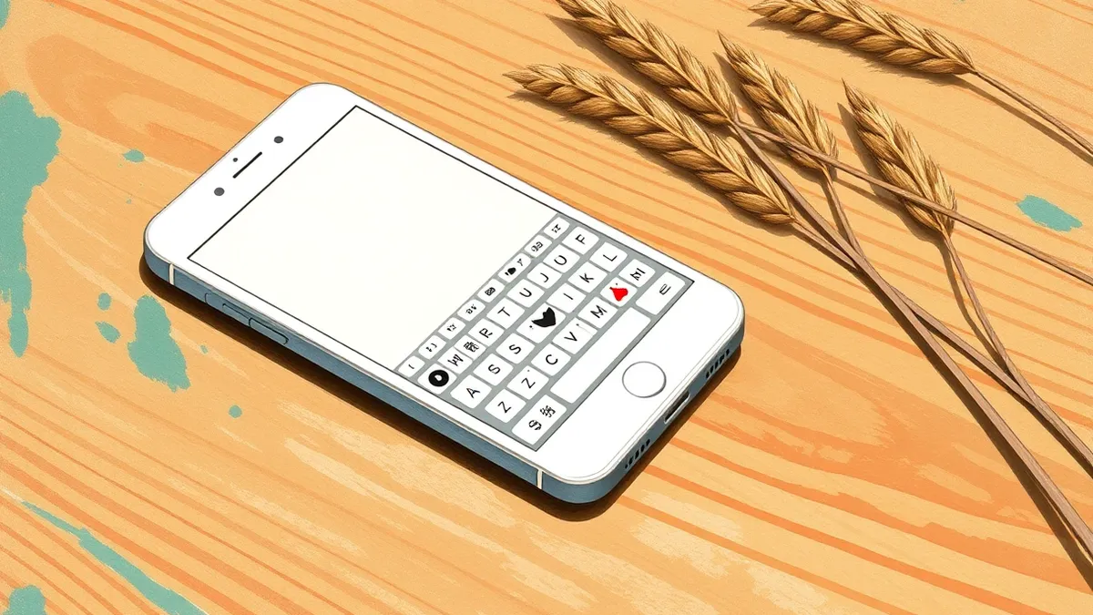 Illustration: A white smartphone rests on a clean wooden surface with a keyboard displayed on the screen.