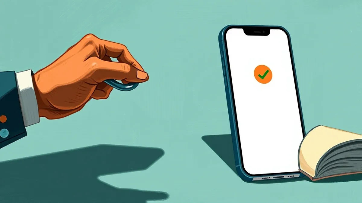 Illustration: A blank smartphone screen displays a generic payment confirmation icon while a shadowy digital hand bypasses a broken chain link to manipulate the status indicator in