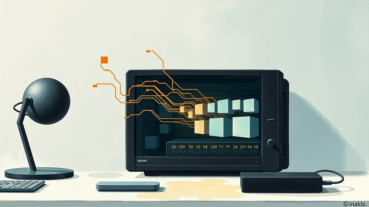 Illustration: A sleek black server box sits on a clean white desk, its side panel open to reveal abstract glowing circuit traces.