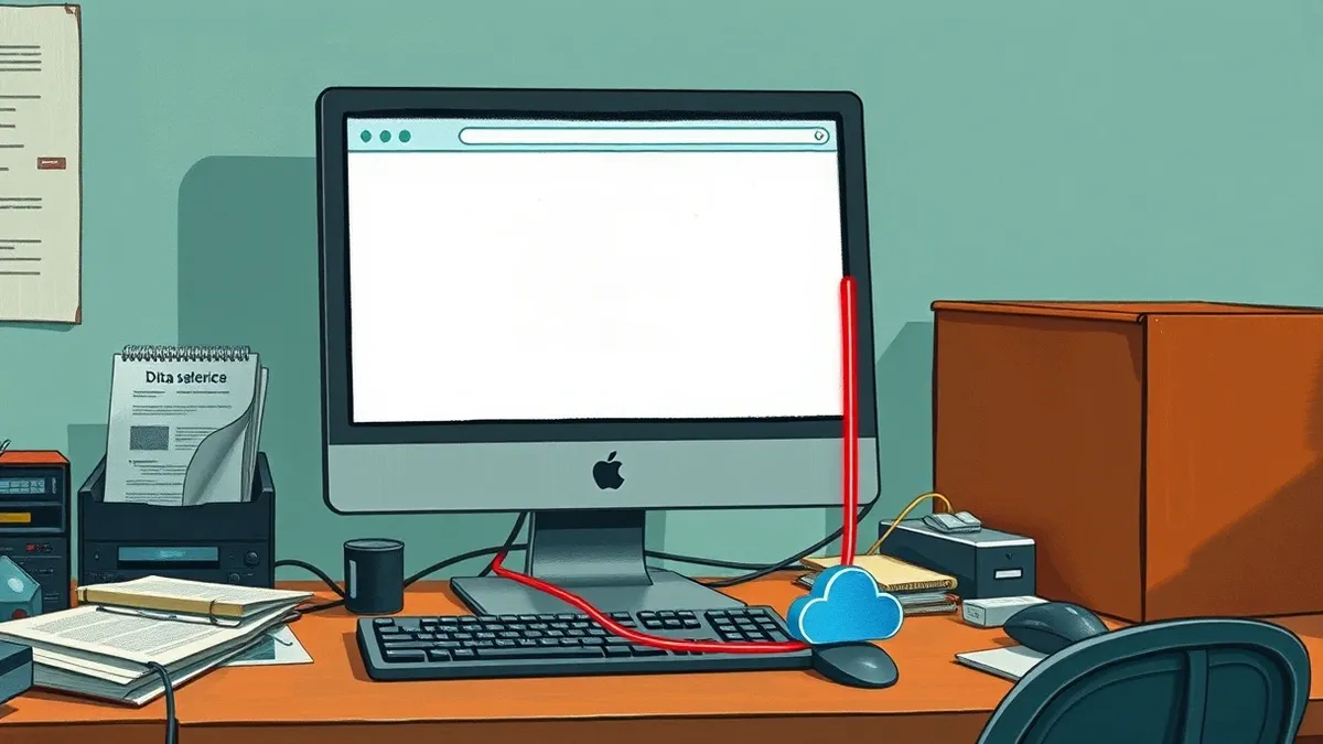 Illustration: A desktop computer sits on a cluttered office desk.