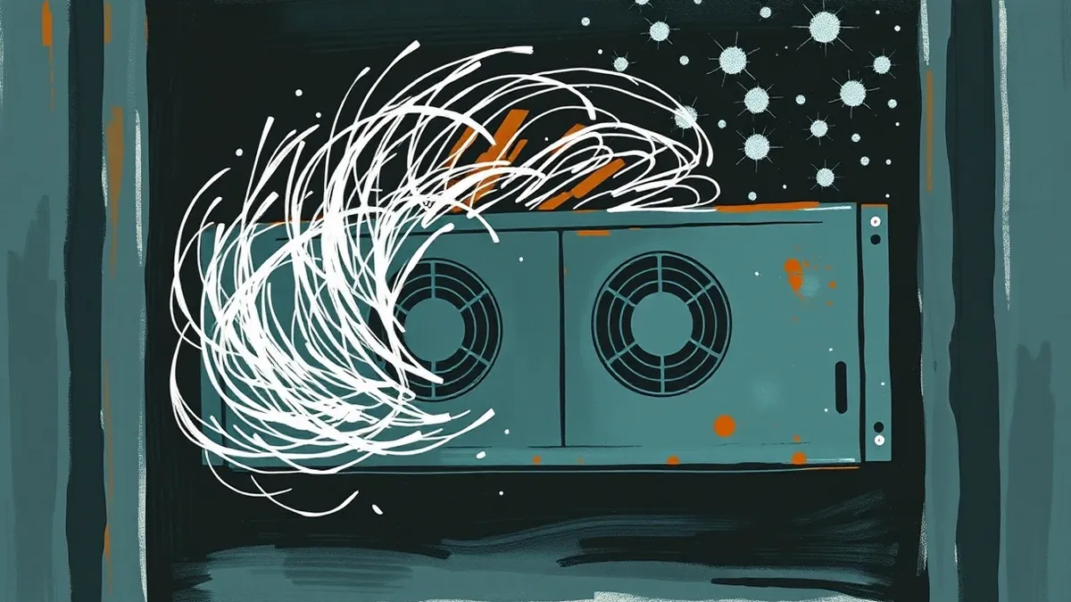 Illustration: A sleek server blade sits in a dark rack with its processing fans spinning violently fast.