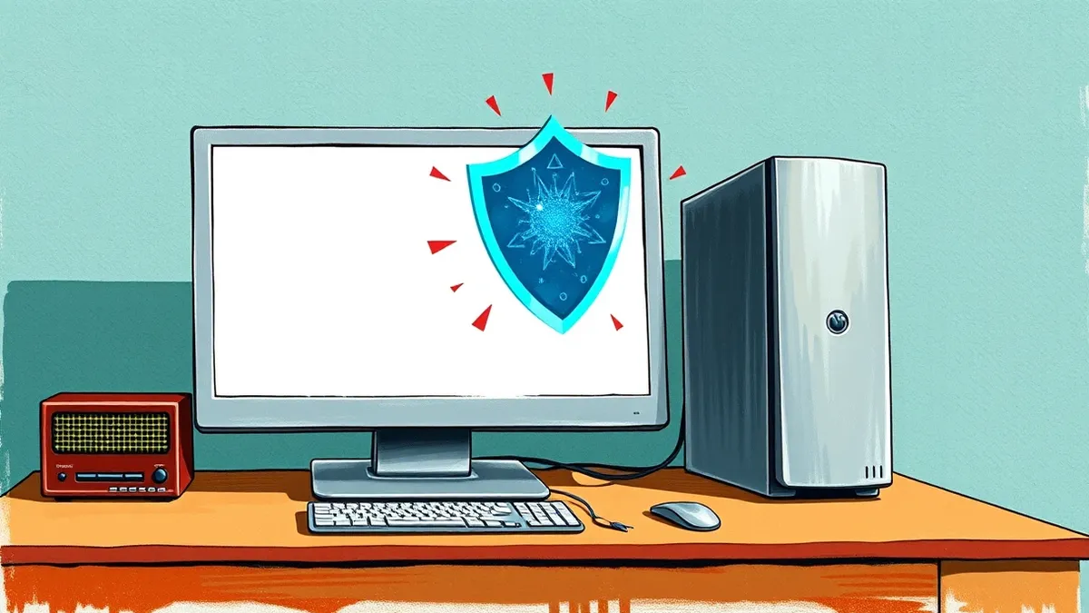 Illustration: A sleek silver desktop computer sits on a wooden desk with its monitor displaying a blank white background.