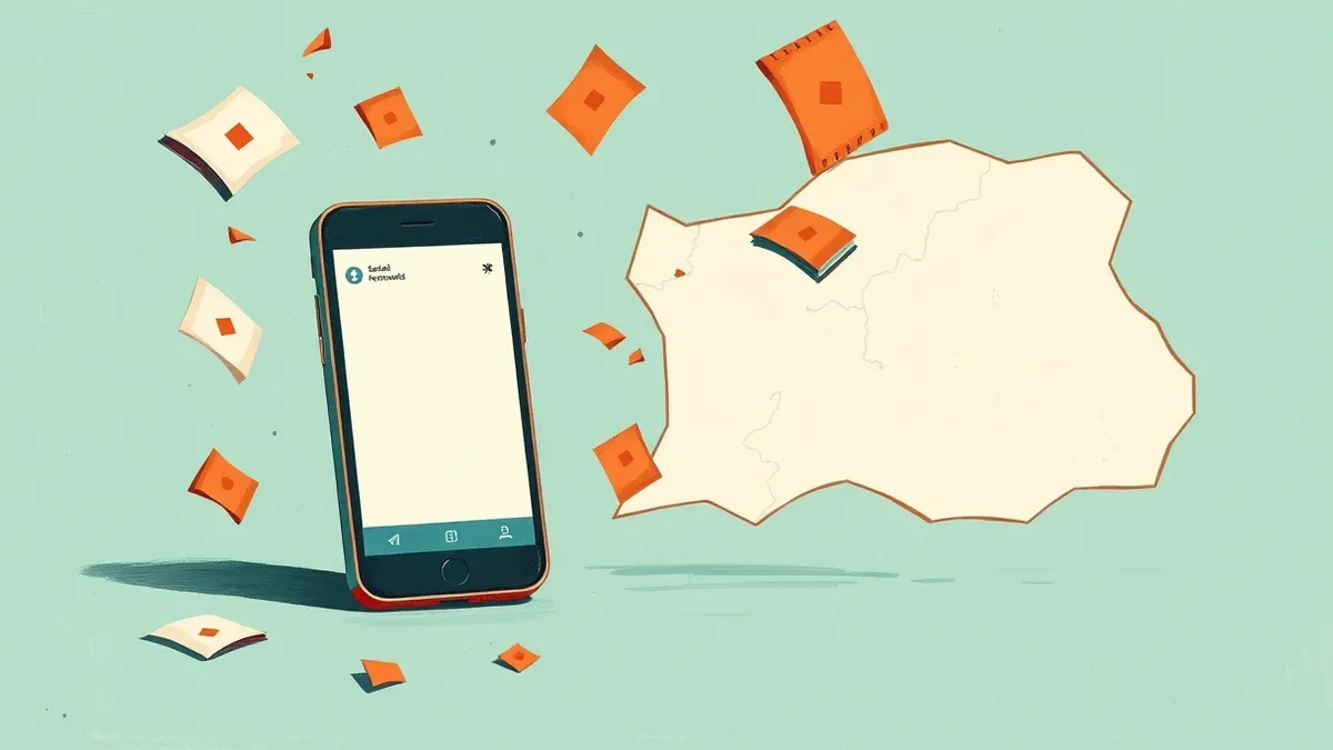 Illustration: A smartphone screen displays a blank social media feed while scattered paper fragments float in the air, each marked with simple geometric shapes.