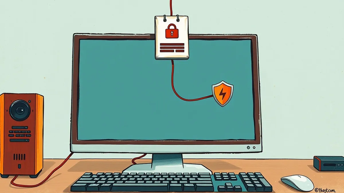 Illustration: A sleek computer monitor displays a blank interface while a single software installation package floats above the keyboard.