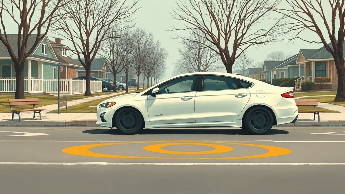Illustration: A white autonomous sedan idles on a quiet suburban street marked with faded yellow school zone stripes.