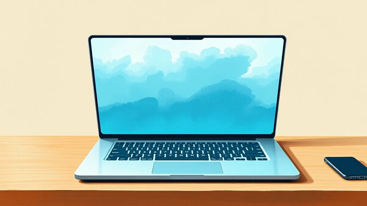 Illustration: A silver laptop sits open on a clean wooden desk, its lid glowing with soft blue abstract light.