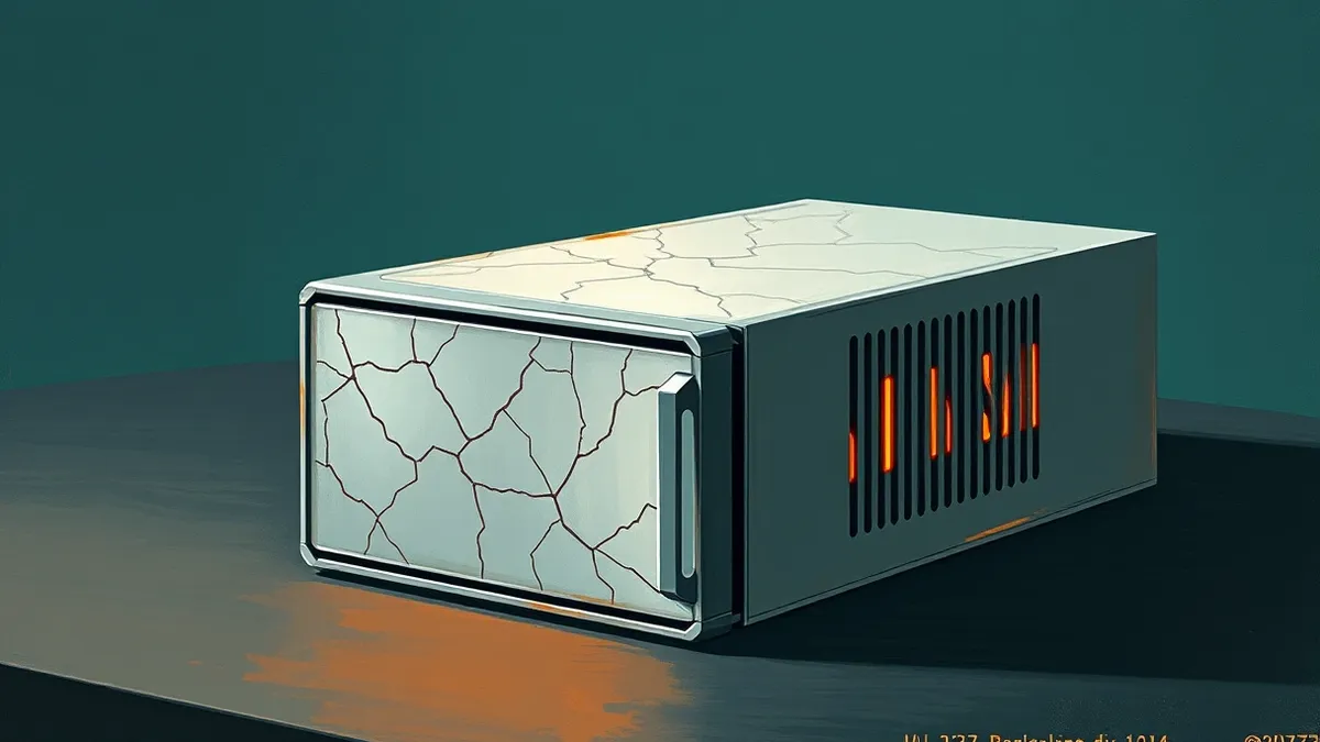 Illustration: A sleek, silver server blade sits isolated on a dark desk, its surface marked with a faint, abstract crack pattern symbolizing hidden flaws.